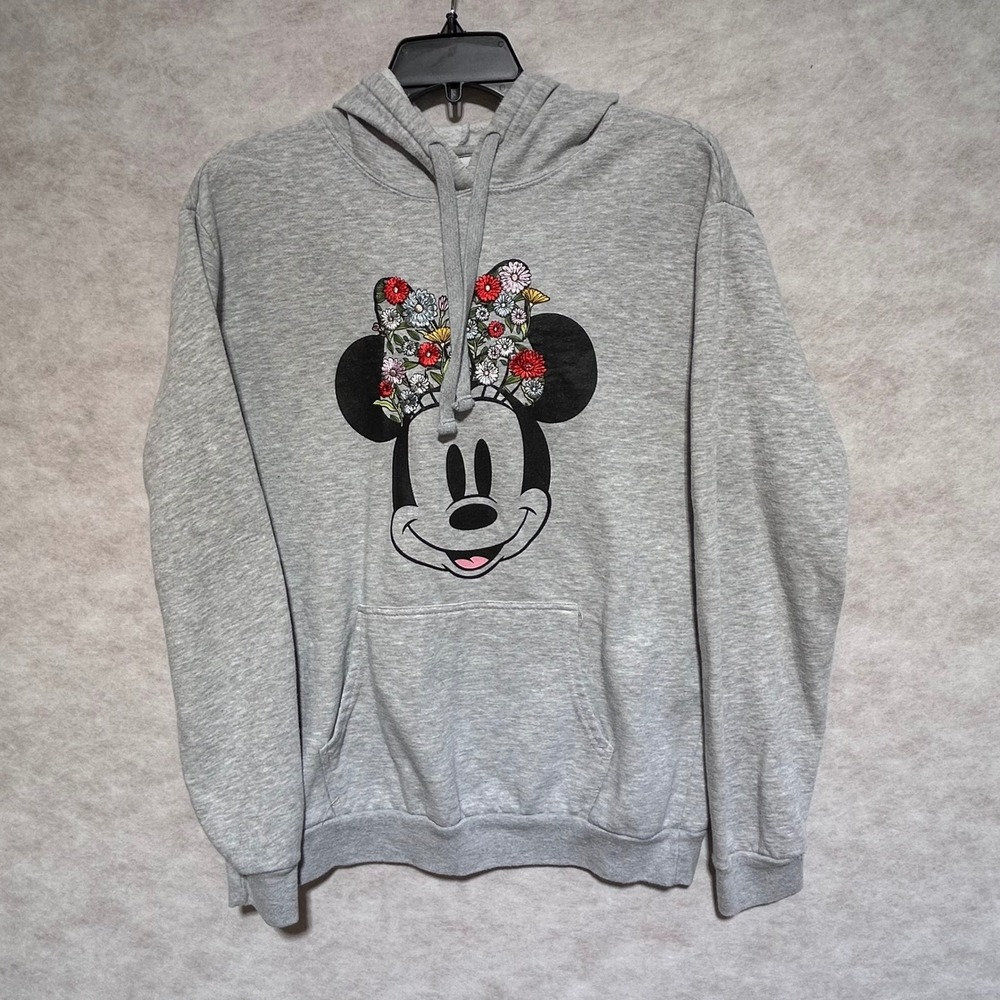 Disney‎ Minnie Mouse Floral Hoodie Heather Gray Womens Large Pullover Sweatshirt